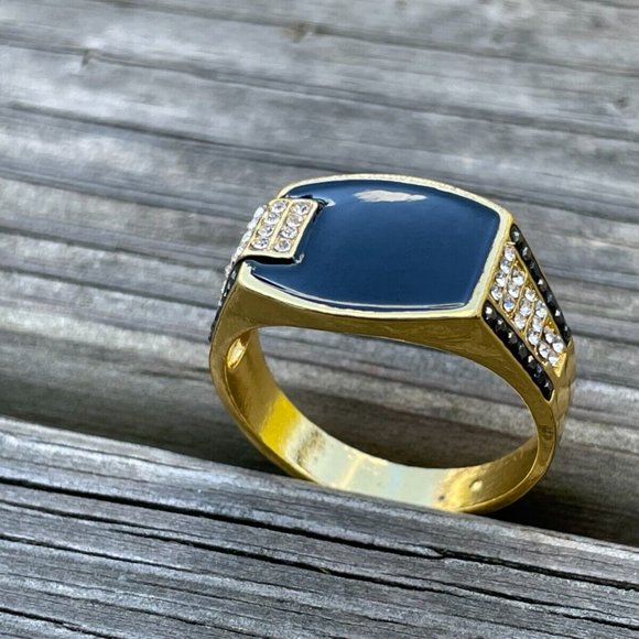 Men Ring Fashion Gold Tone Black Faux Stone Crystal Accent Men Jewelry Size 13 - Picture 10 of 11